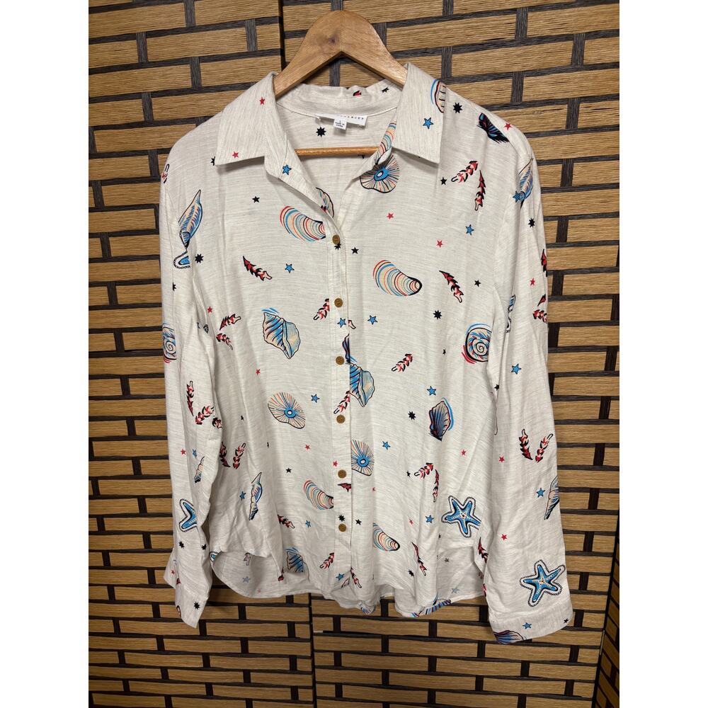 Jane & Delancey Tan Sea Shell Print Button Down Shirt Size Large